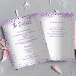 Convites Detalhes do programa de casamento violeta de prata<br><div class="desc">Um moderno e elegante programa/programa/cronograma de casamento. Um fundo com aspecto fino prateado,  decorado com brilho violeta e lavanda. Personalize e adicione seus nomes e detalhes do casamento. Letras coloridas violetas. Texto de ambos os lados.</div>