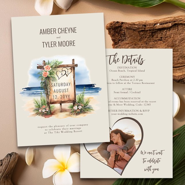 Convites Detalhes e Foto Simples de Casamento de Aquarelas  (Wedding Invitation with Photo & Details from the Sunset Beach Wedding Collection by Darling & May)
