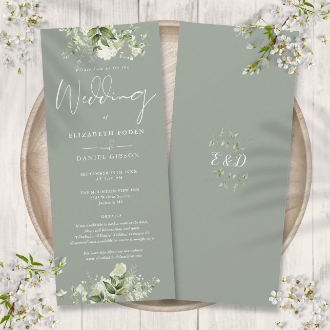 Convites Detalhes Florais de Verdor Casamento Verde Sage El (Greenery Floral Details Elegant Sage Green Wedding Invitation)