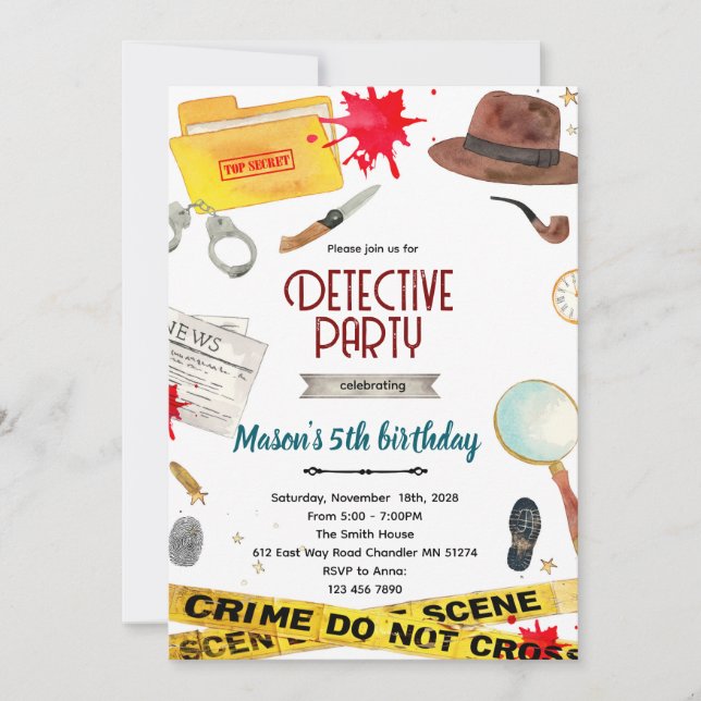 Convites Detective birthday Party Invitation  (Frente)