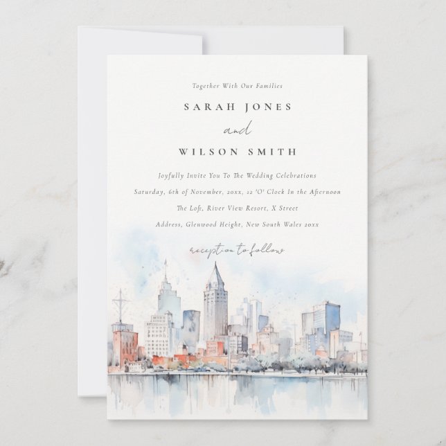 Convites Detroit Michigan Watercolor Landscape Wedding (Frente)