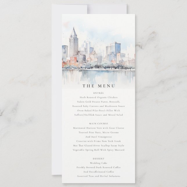 Convites Detroit Michigan Watercolor Scape Wedding Menu (Frente)