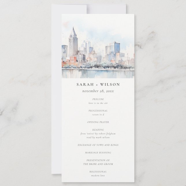Convites Detroit Michigan Watercolor Scape Wedding Program (Frente)