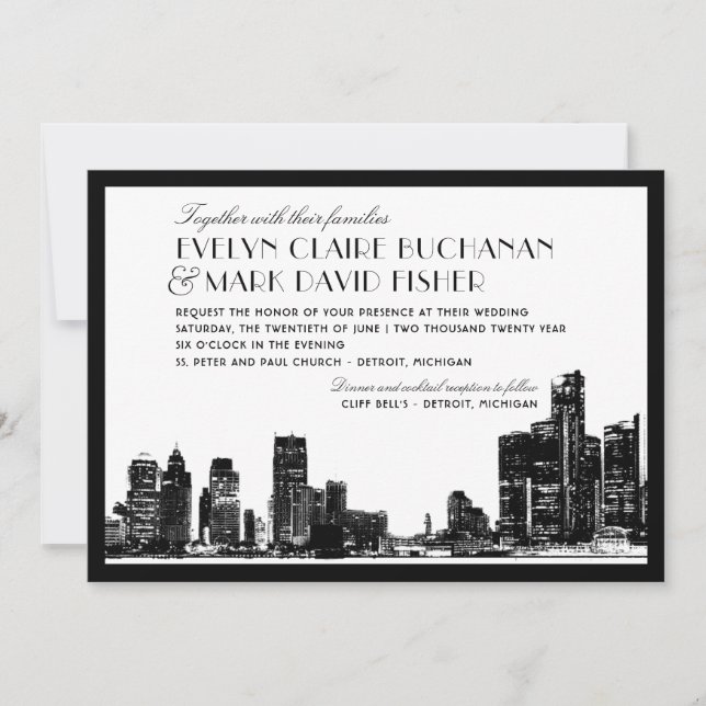 Convites Detroit Skyline Art Deco Wedding (Frente)