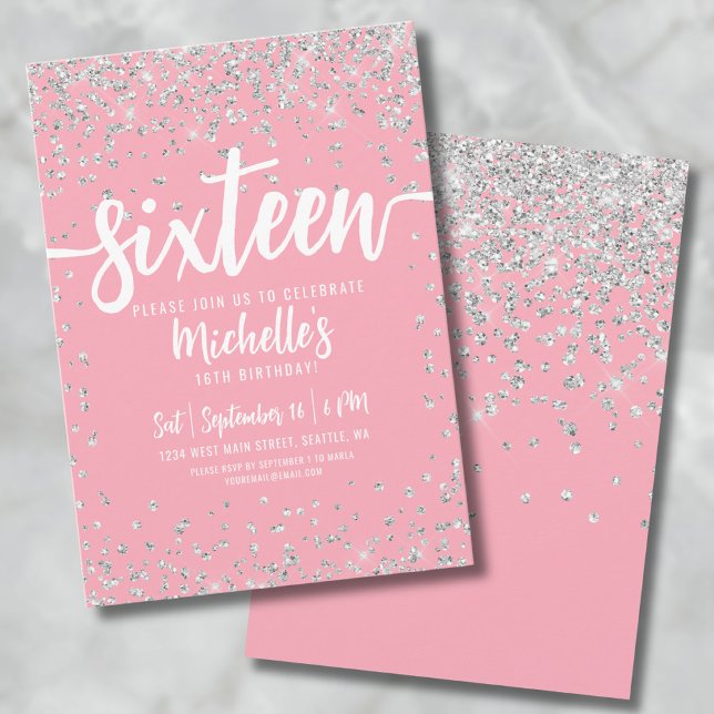 Convites Dezesseis Brilho Cor-de-Rosa Elegante Chique Doze  (16th Pink Glitter Sweet Sixteen Birthday Invitation)