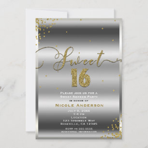 Convites DEZESSEIS Cantos de Confete Prata e Ouro Sweet 16
