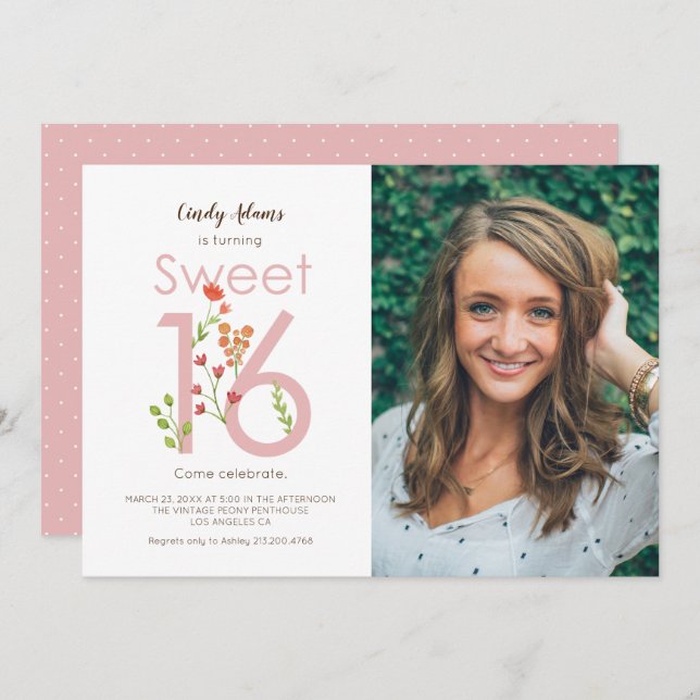 Convites Dezesseis cor-de-rosa-claro-esbranquiçados com Flo (Frente/Verso)