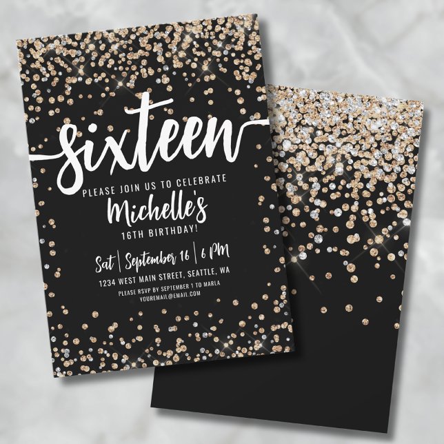 Convites Dezesseis Dourados com brilho preto 16º aniversári (Sixteen Black And Gold Glitter 16th Birthday Invitation)