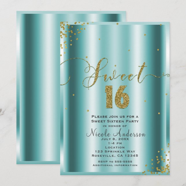 Convites DEZESSEIS Doze Aqua & Dourado Confetes Cantos (Frente/Verso)