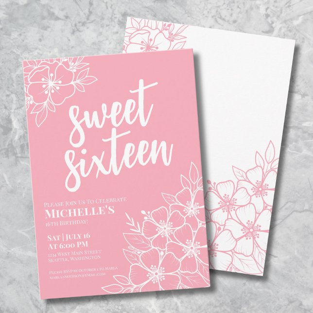 Convites Dezesseis Festa Cor-de-Rosa Elegante Doce 16 (16th Pink Floral Sweet Sixteen Birthday Party Invitation)