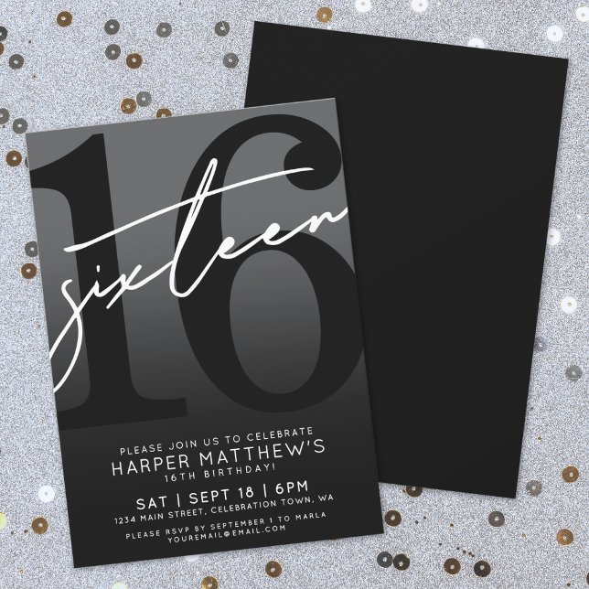 Convites Dezesseis Preto Aniversário de 16 anos (Sweet Sixteen Black 16th Birthday Invitation)