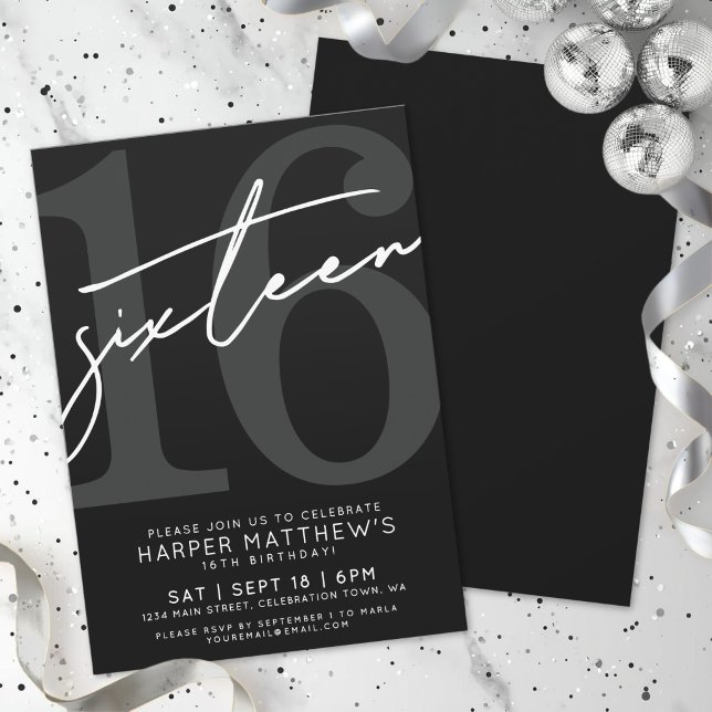 Convites Dezesseis Preto  Branco 16º Aniversário (Sixteen Black White 16th Birthday Invitation)