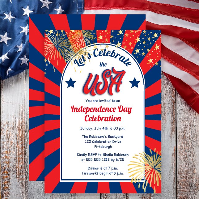 Convites Dia 4 de julho da Independência Celebra o Partido  (July 4th Independence Day "Let's Celebrate the USA" Holiday Party Invitation )