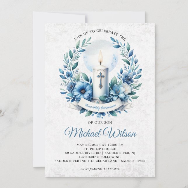 Convites Dia abençoado Primeiro Sagrado Comunhão Floral (Frente)