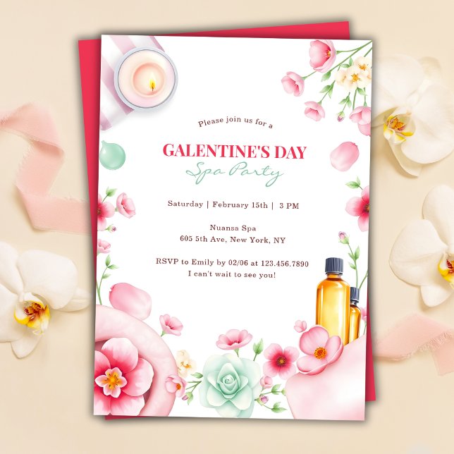 Convites Dia da Galentina do Partido Spa do Relaxamento da  (Girly Floral Relaxing Spa Party Galentine’s Day Invitation)