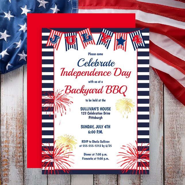 Convites Dia da Independência 4 de julho CHURRASCO do Quint (Independence Day July 4th Bunting Backyard BBQ Invitation)