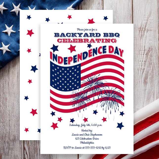 Convites Dia da Independência Festa 4 de julho - Bandeira d (Backyard BBQ Celebrating Independence Day Waving Flag and Fireworks Party Invitation - Print | Digi)