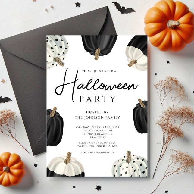 Convites Dia das Bruxas Brancas e Pretas (Cute Black And White Pumpkins Halloween Invitation)