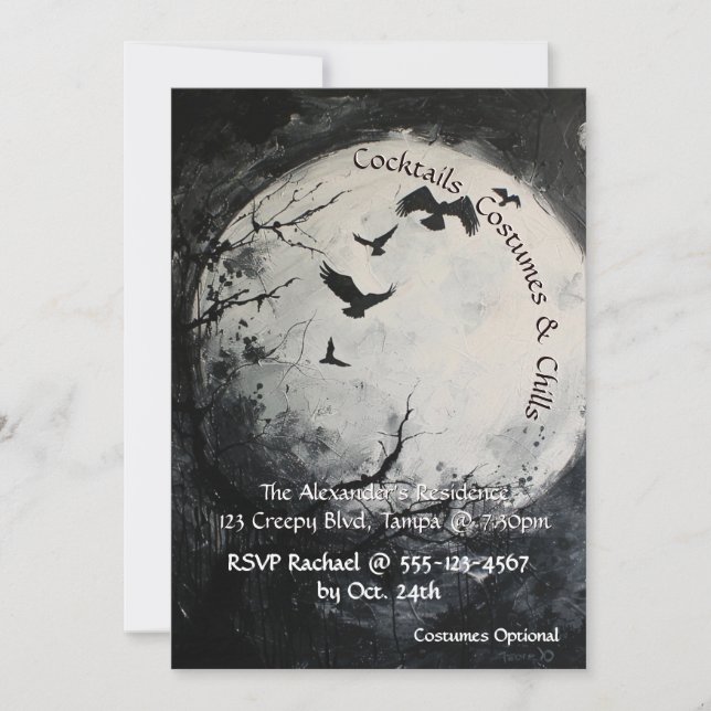 Convites Dia das Bruxas de Lua Cheia Preta e Branca (Frente)