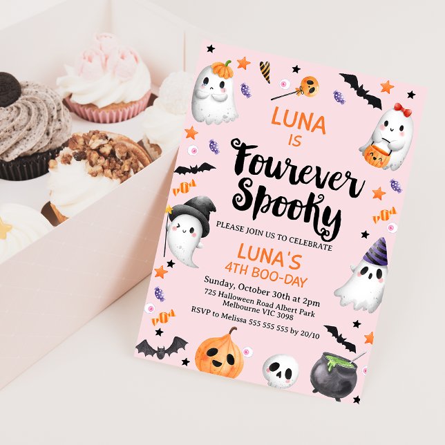 Convites Dia das Bruxas Rosa Fouern Spooky 4º aniversário (Pink Halloween Fourever Spooky 4th Birthday Invitation, Pastel Halloween 4th Birthday Invite, Curly)