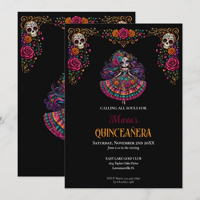 Convites Dia das Caveiras de Açúcar Tema Quinceanera (Frente/Verso)