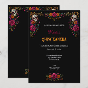 Convites Dia das Caveiras de Açúcar Tema Quinceanera