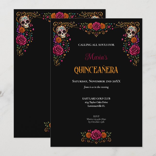 Convites Dia das Caveiras de Açúcar Tema Quinceanera (Frente/Verso)