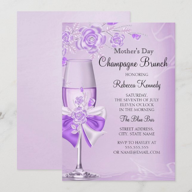 Convites Dia das Mães Lilás Rosa Champanhe Brunch Bonito (Frente/Verso)