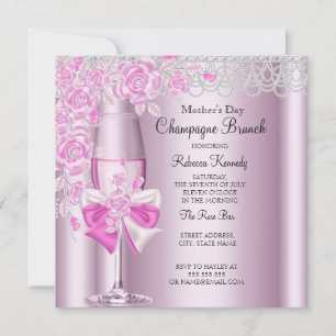 Convites Dia das Mães Pretty Pink Rose Champagne Brunch 2B