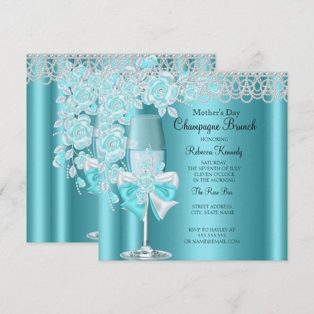 Convites Dia das Mães Pretty Teal Rose Champagne Brunch 2B (Frente/Verso)