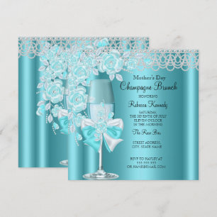 Convites Dia das Mães Pretty Teal Rose Champagne Brunch 2B