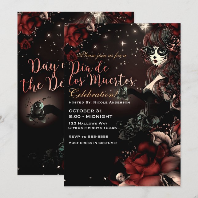 Convites Dia das Morte Dia de los Muertos Vermelho Preto (Frente/Verso)