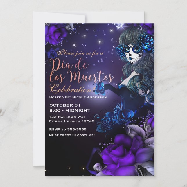 Convites Dia das Morte Roxo Azul Dia de los Muertos (Frente)
