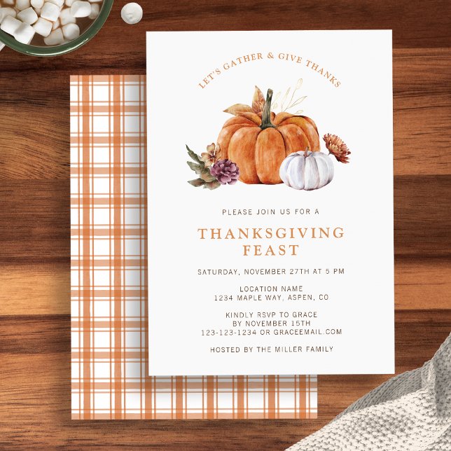 Convites Dia de Ação de Graças do Abóbora (Rustic fall pumpkin Thanksgiving dinner party invite, watercolor autumn florals by Painted Paper)