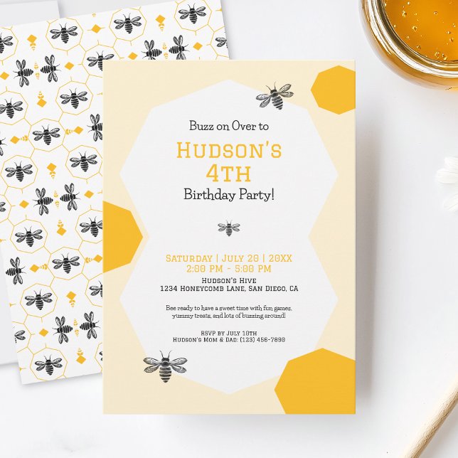 Convites Dia de Aniversário da Festa do Bumblebee Amarelo F (Cute Yellow Honeycomb Bee Day Birthday Party Invitation)
