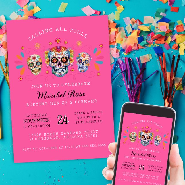 Convites Dia de Aniversário dos Mortos - Pingos de Açúcar R (Hot pink dia de los muertos sugar skulls birhtday party invitations for mexican hispanic heritage)