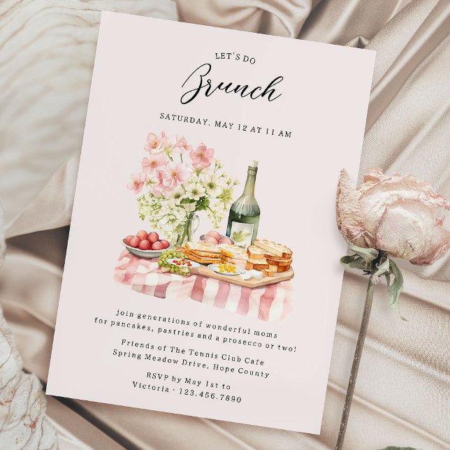 Convites Dia de as mães Brunch Pastries Pancakes e Prosecco (Spring or Summer Get Together Invitation - perfect for Mother's Day Brunch)