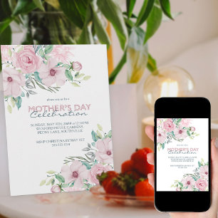 Convites Dia de as mães Celebração de Peony Floral Rosa