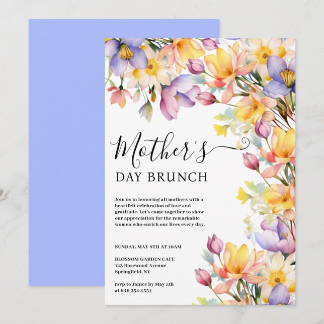 Convites Dia de as mães das Flores Amarelas de Aquarela (Frente/Verso)