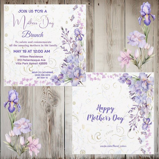 Convites Dia de as mães de borboleta azul-púrpura Íris-curv (Purple Blue Iris Cute Butterfly Mothers Day Brunch Invitation)