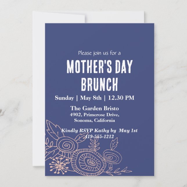 Convites Dia de as mães Floral Azul Simples Brunch (Frente)