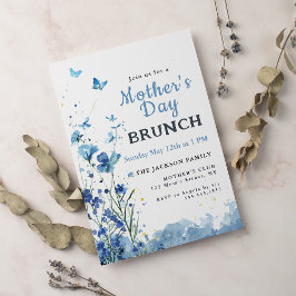 Convites Dia de as mães Floral Elegante Blue Watercolor Bru