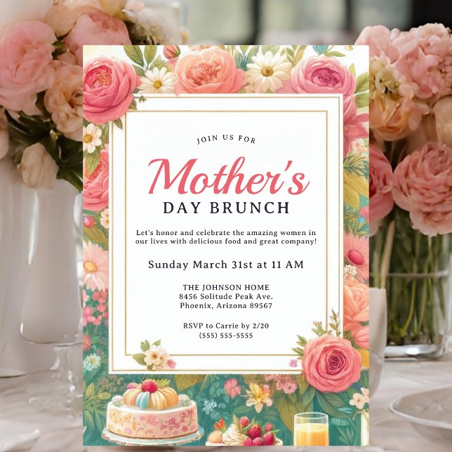 Convites Dia de as mães Floral Primavera charmoso Brunch (Mother's Day Brunch invitation.)