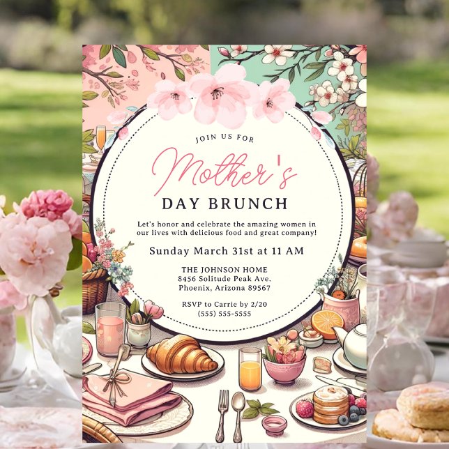 Convites Dia de as mães Floral Primavera charmoso Brunch (Mother's Day Brunch Invitation.)