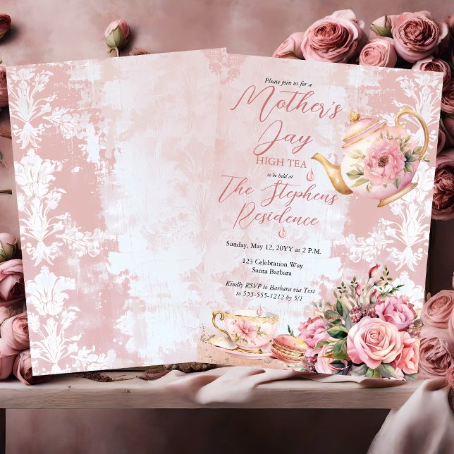 Convites Dia de as mães Floral Rosa Elegante Alto Chá (Elegant Pink Floral Teapot and Tea Cup Mother's Day High Tea Invitation)