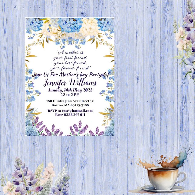 Convites Dia de as mães Pastel Azul Pequenas Flores Florais (Mother's Day Pastel Blue Little Flower Buds Floral Invitation)