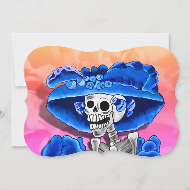 Convites Dia de los Muertos Caveira com Chapéu Azul (Frente)