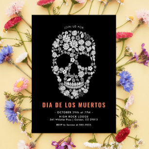 Convites Dia de los Muertos Caveira de Açúcar Floral Preto
