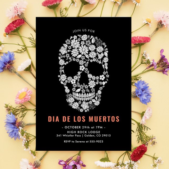 Convites Dia de los Muertos Caveira de Açúcar Floral Preto (Criador carregado)