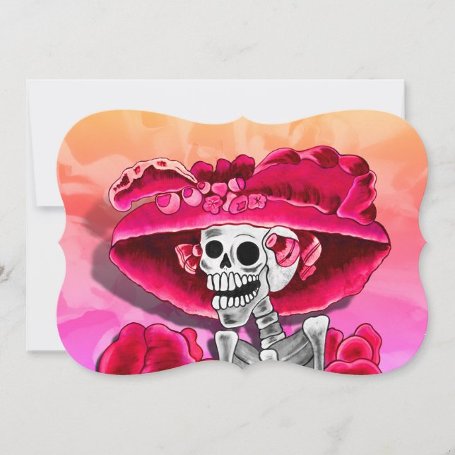 Convites Dia de los Muertos Caveira em Chapéu Vermelho (Frente)